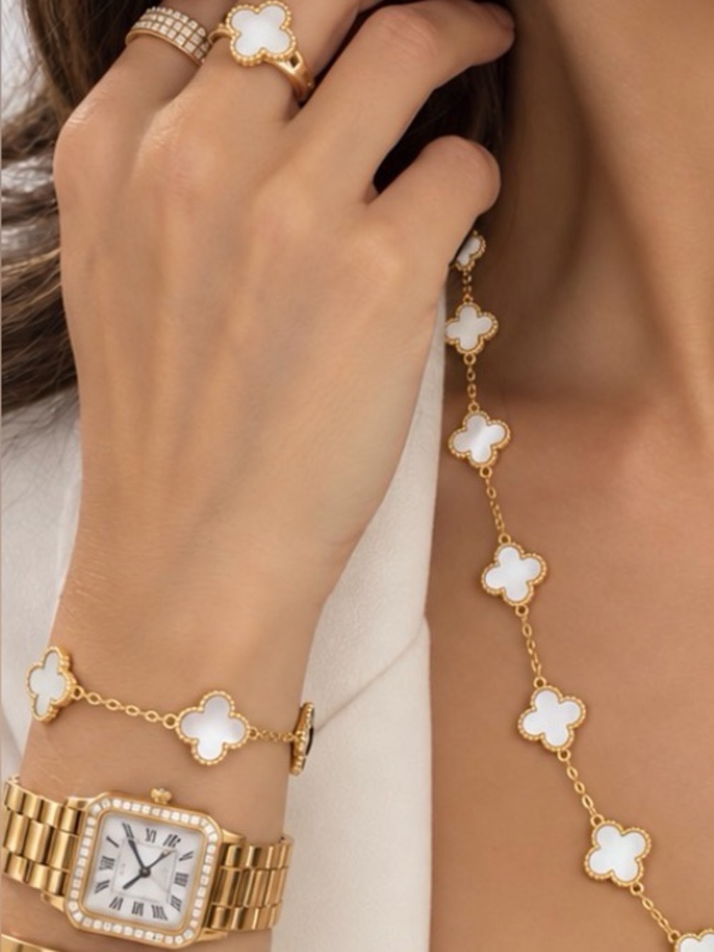 18K Solid Gold White Clover Bracelet – 7.5” Length | 2.2g | 9.7mm Motifs